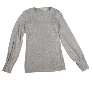 Vintage Womens Blouse 1980s Long Sleeve Shirt Metallic Silver Glam 80s Sz S